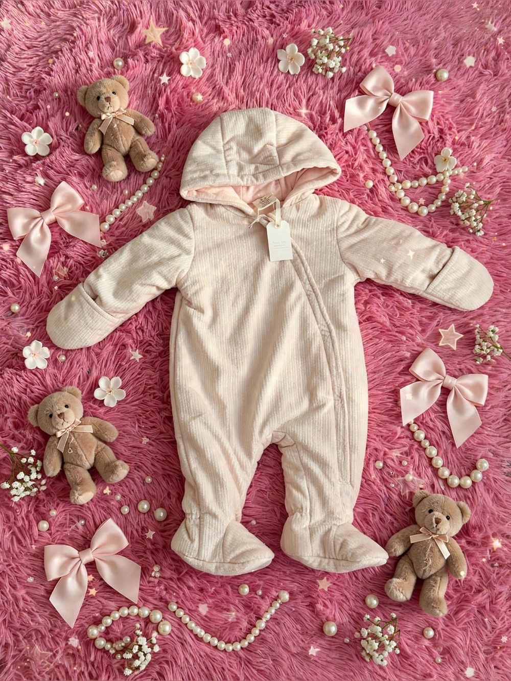 Infant Hooded Footed One-Piece in Pale Pink